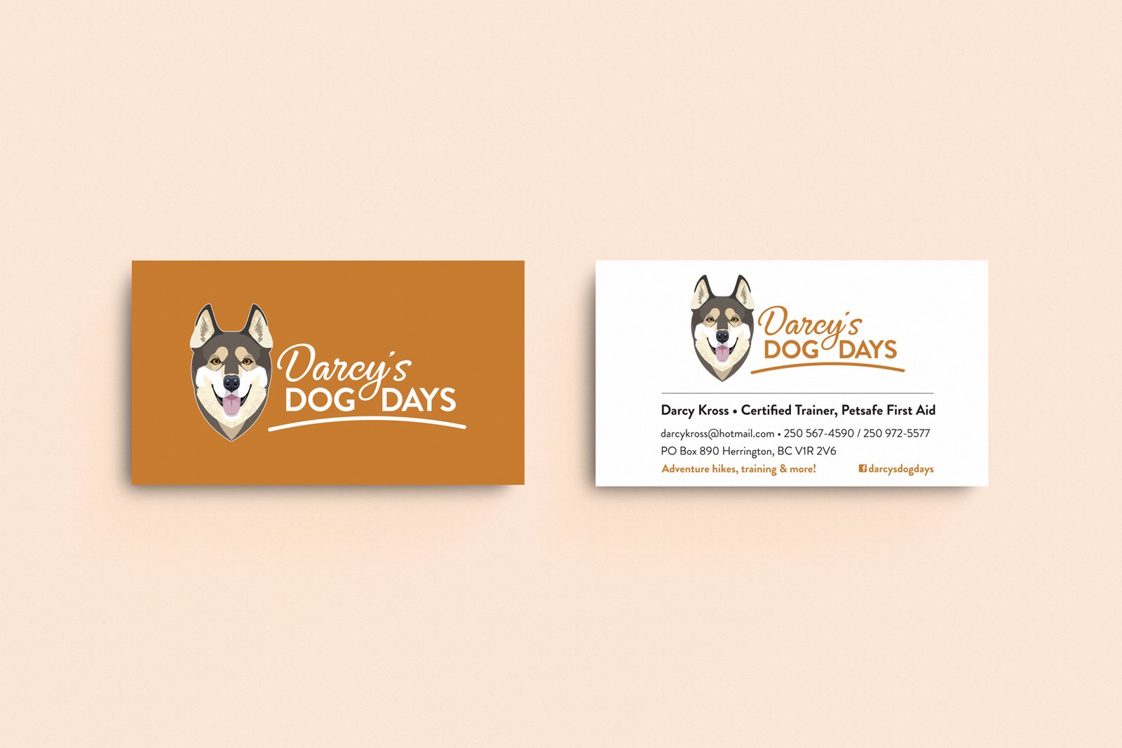 Front and back of the Darcy's Dog Days business cards